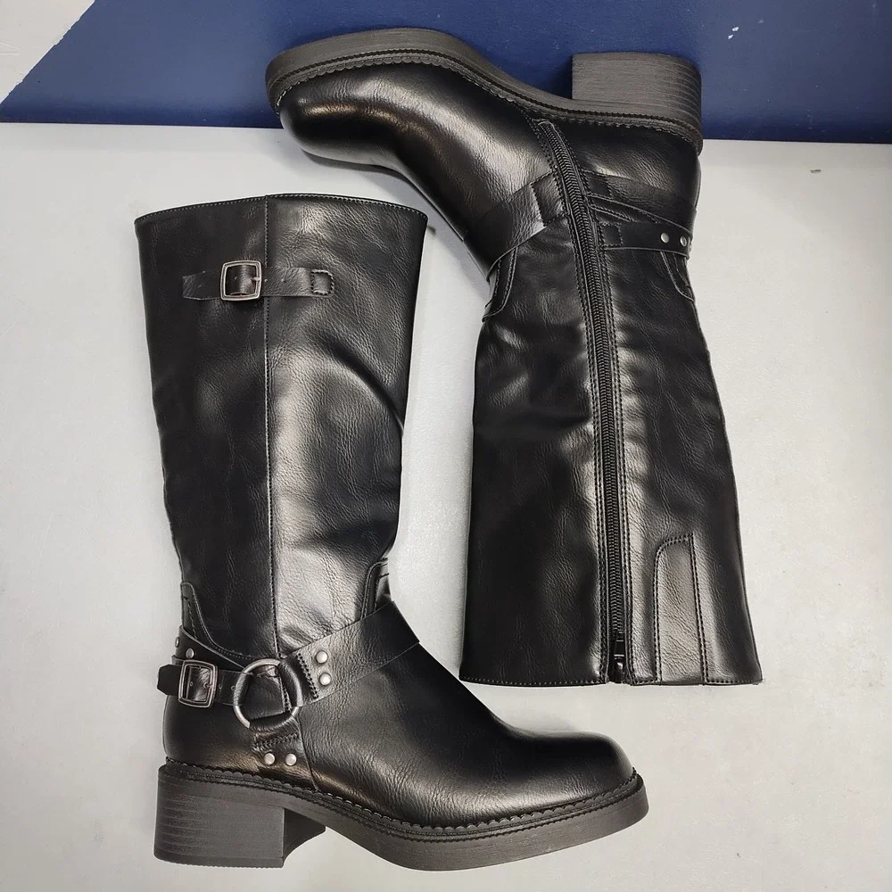 Frye & Co. Maeve Knee-High Biker Boots Womens 7.5M Black Air Cushioned Side Zip